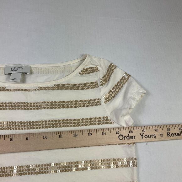 LOFT Sequin T-Shirt Ivory Gold Striped Short Sleeve Boat Neck Top Stretch Tee XS - Picture 9 of 11
